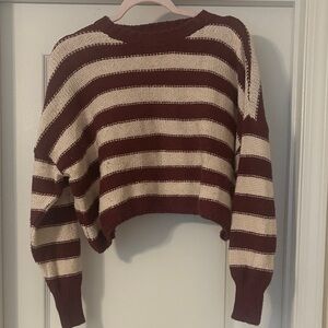 Billabong Striped Cropped Crewneck Sweater in Cream and Burgundy